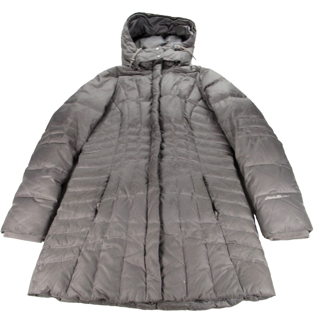 Eddie Bauer Jacket Women Medium Gray Down Puffer Pocket Snap Zip Long Coat Hood